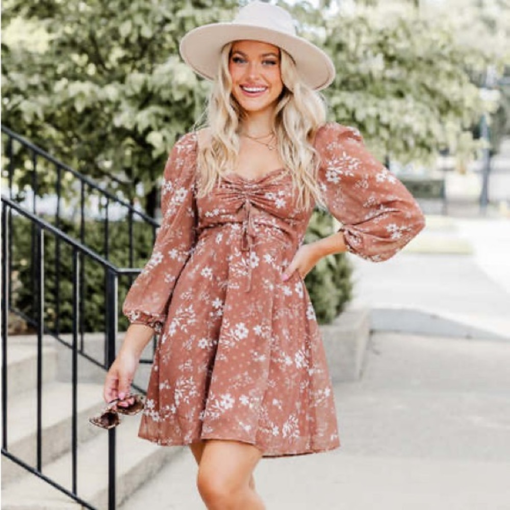 Brown Mini Floral Dress